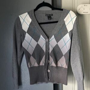 New York & Company Gray Argyle Button-Up Cardigan